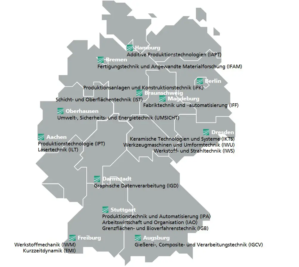 Im Kompetenzfeld Additive Fertigung der Fraunhofer-Gesellschaft sind Institute aus ganz Deutschland vertreten. | Grafik: Fraunhofer