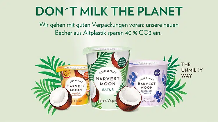 Ab sofort stellt Harvest Moon den Kunststoffbecher der pflanzlichen Joghurtalternativen auf 100 % recyceltes PET um. | Foto: Harvest Moon