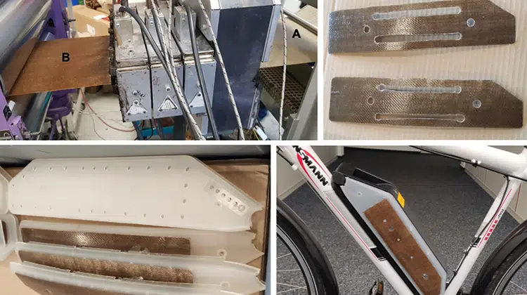 Aus Flachsgewebe (A) und Polypropylen werden dünne Organobleche (B) gefertigt, die zur Verstärkung der Gehäuseblenden eines E-Bike-Akku dienen. | Fotos: Ansmann AG / Fraunhofer LBF