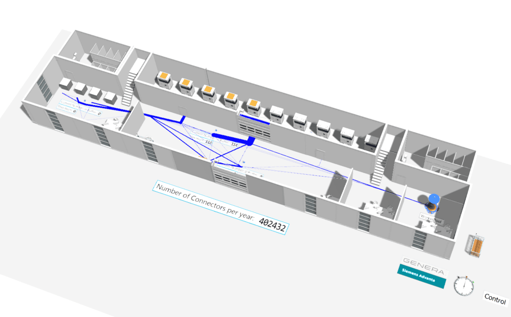 Tecnomatix Simulation zur Auslegung einer sauberen und sicheren Großserienproduktion von Steckverbindern mit der DLP-Technologie von GENERA. | Bild: Siemens