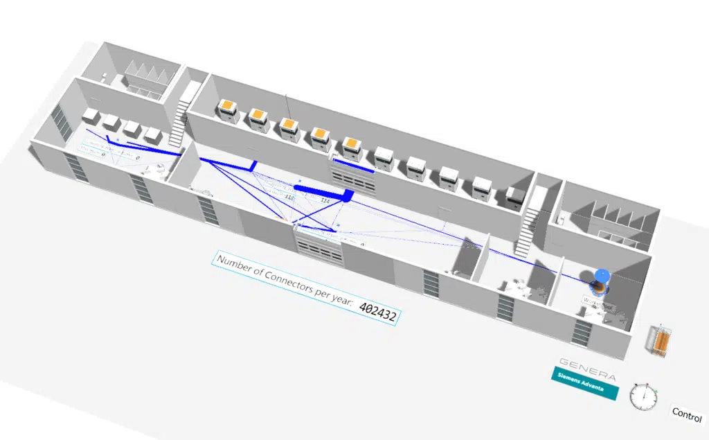 Tecnomatix Simulation zur Auslegung einer sauberen und sicheren Großserienproduktion von Steckverbindern mit der DLP-Technologie von GENERA. | Bild: Siemens