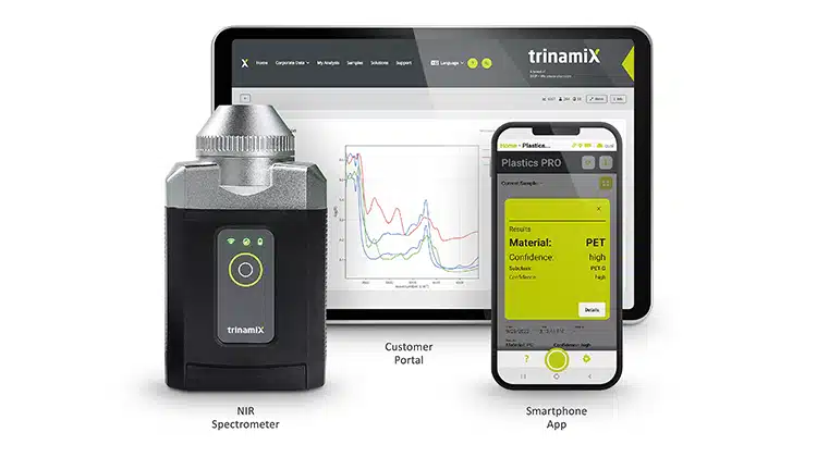 Die mobile NIR-Spektroskopie-Lösung von trinamiX besteht aus einem robusten mobilen NIR-Spektrometer, einer intuitiven Smartphone-App und einem umfassenden Kundenportal. | Bild: trinamiX GmbH